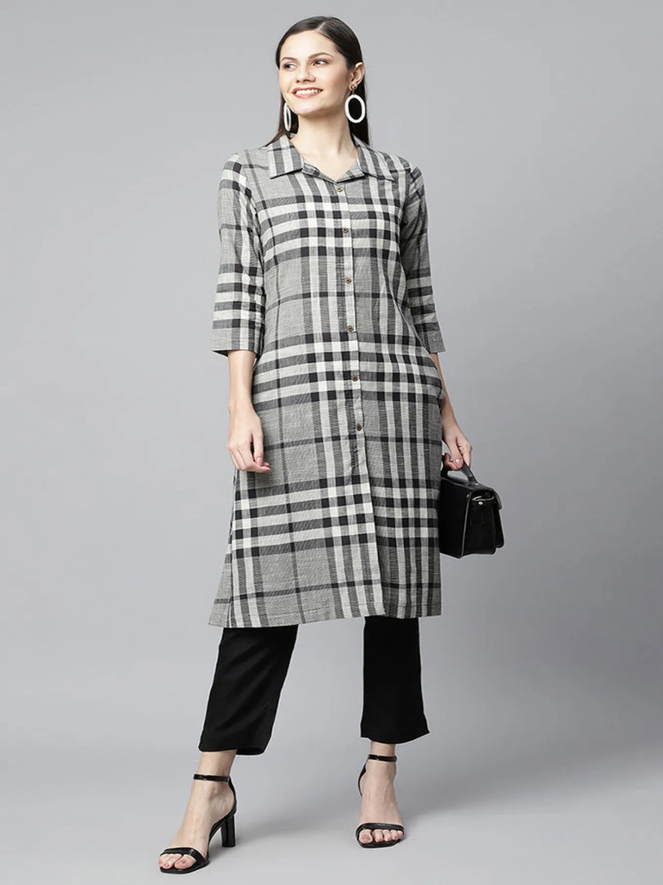 Grey And Black Check Printed Straight Kurta