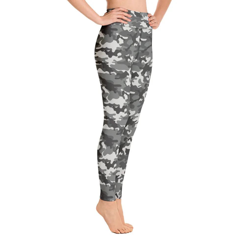 Grey Camo Yoga Leggings Women, Camouflage High Waisted Pants Cute Printed Workout Running Gym Designer Tights