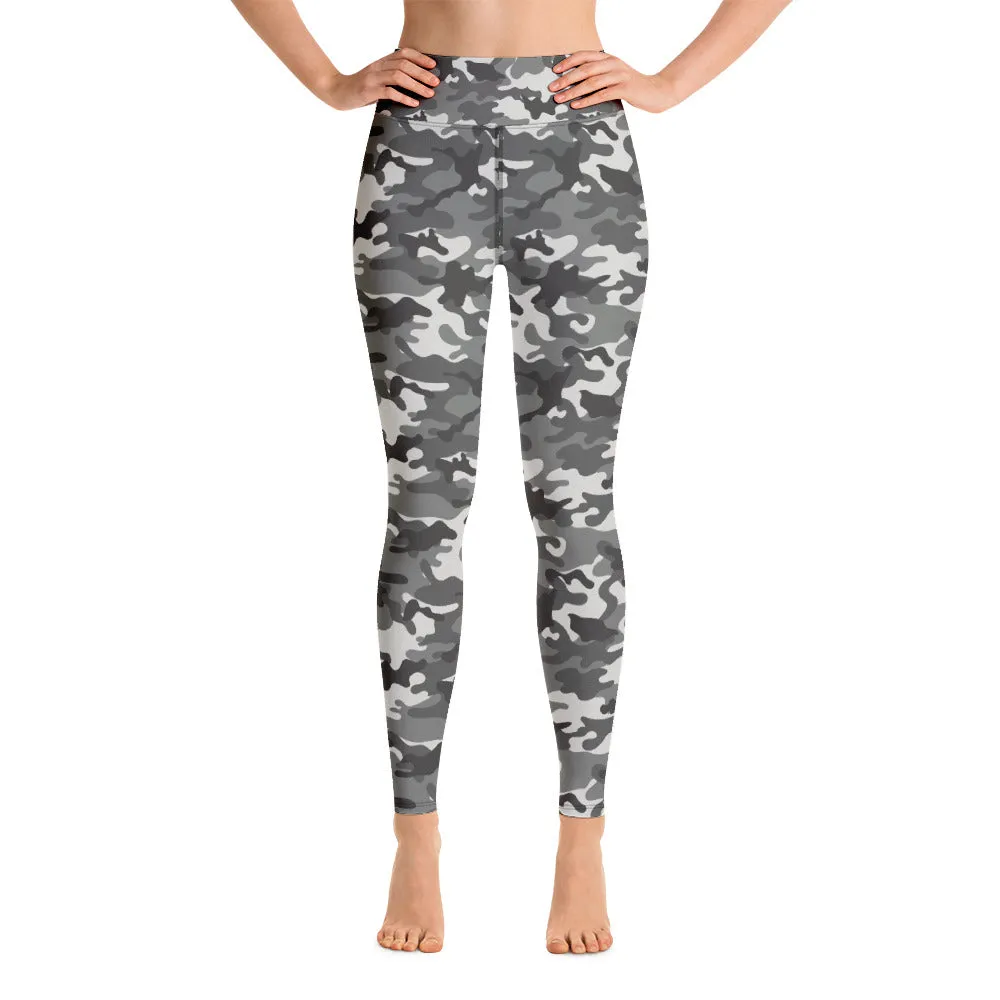 Grey Camo Yoga Leggings Women, Camouflage High Waisted Pants Cute Printed Workout Running Gym Designer Tights