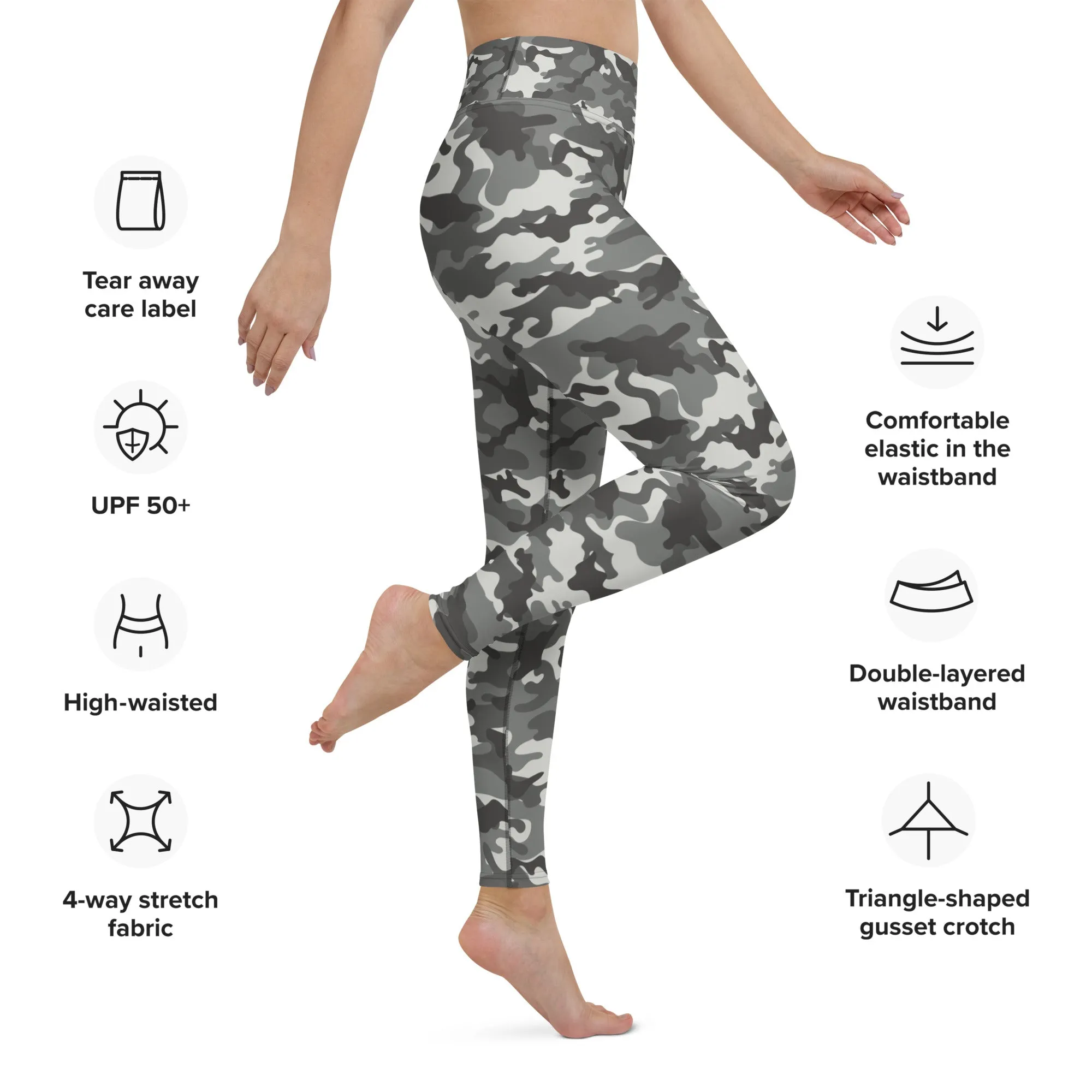 Grey Camo Yoga Leggings Women, Camouflage High Waisted Pants Cute Printed Workout Running Gym Designer Tights