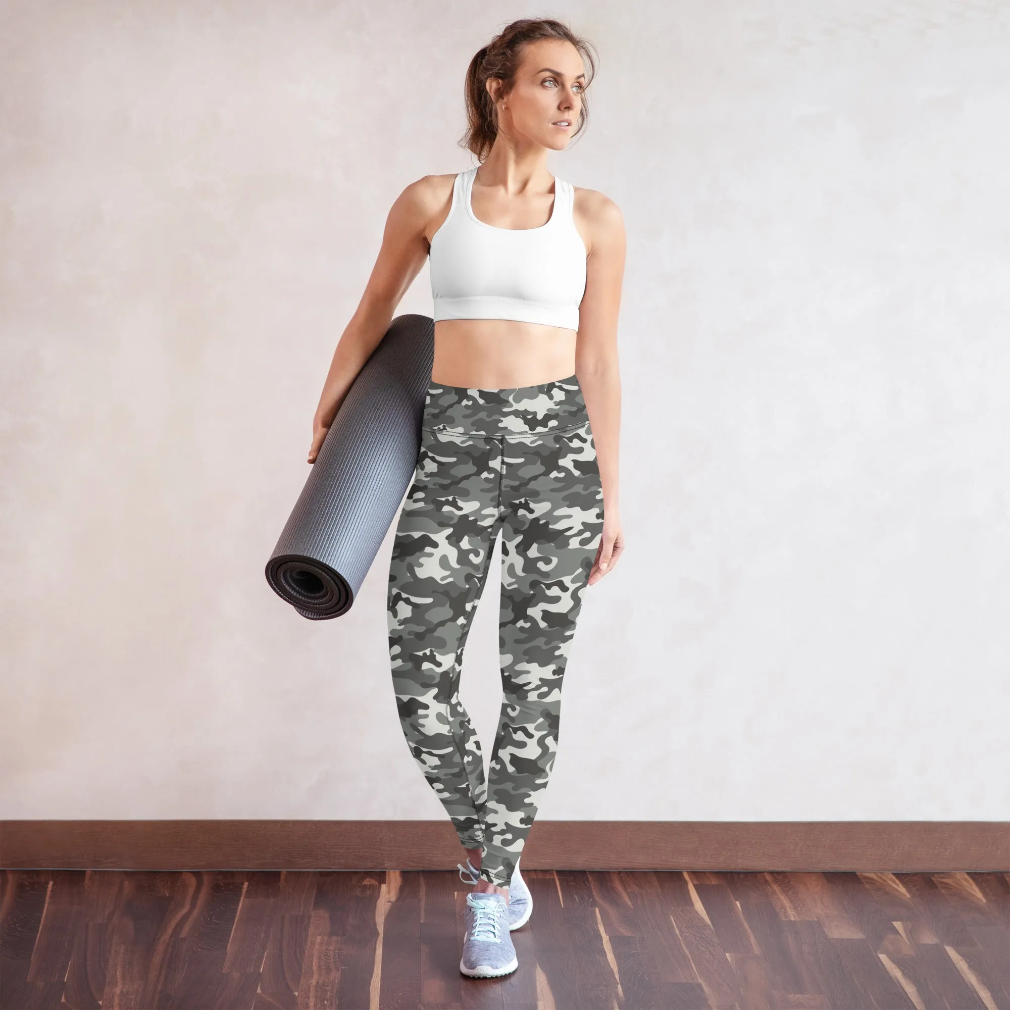 Grey Camo Yoga Leggings Women, Camouflage High Waisted Pants Cute Printed Workout Running Gym Designer Tights