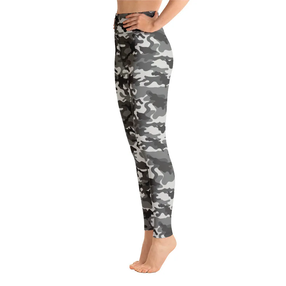 Grey Camo Yoga Leggings Women, Camouflage High Waisted Pants Cute Printed Workout Running Gym Designer Tights