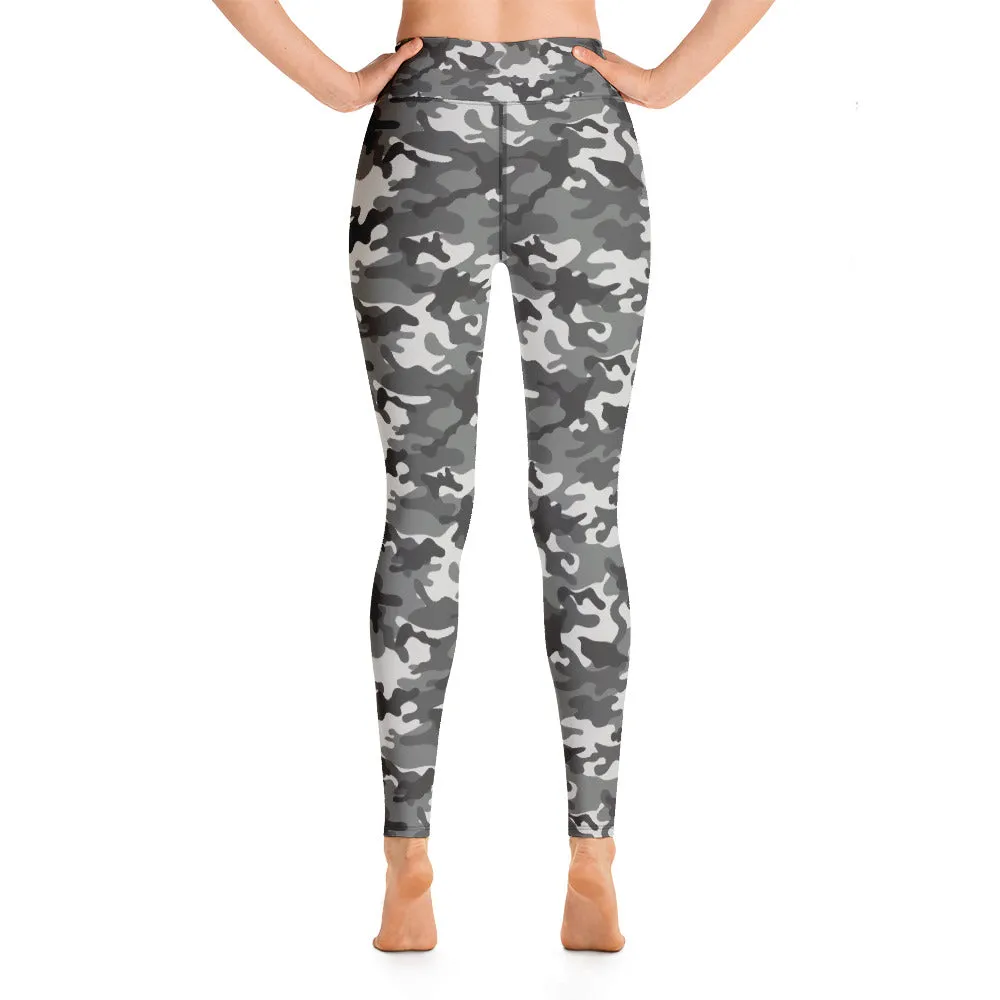 Grey Camo Yoga Leggings Women, Camouflage High Waisted Pants Cute Printed Workout Running Gym Designer Tights