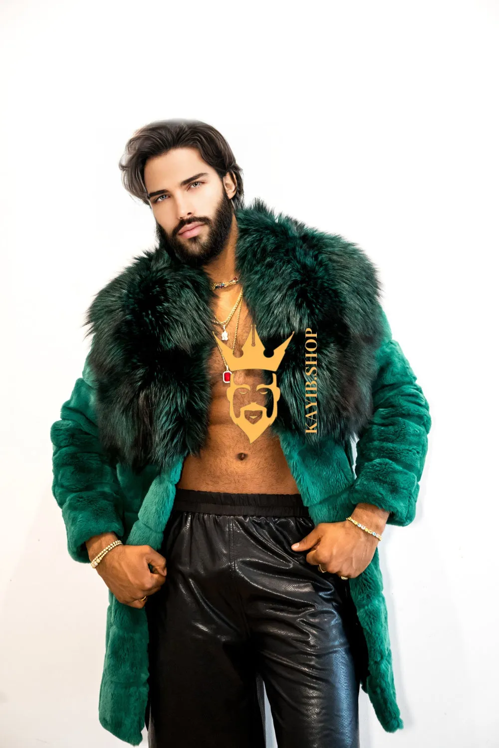 Handmade Luxury Winter Men's Rex Rabbit Fur Coat with Super Large Raccoon Collar - Premium Fashion coat