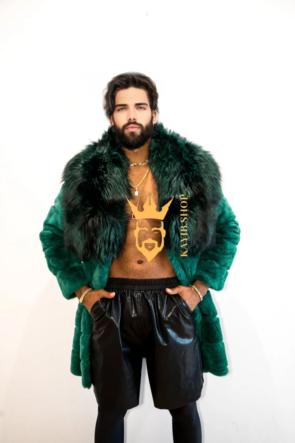 Handmade Luxury Winter Men's Rex Rabbit Fur Coat with Super Large Raccoon Collar - Premium Fashion coat