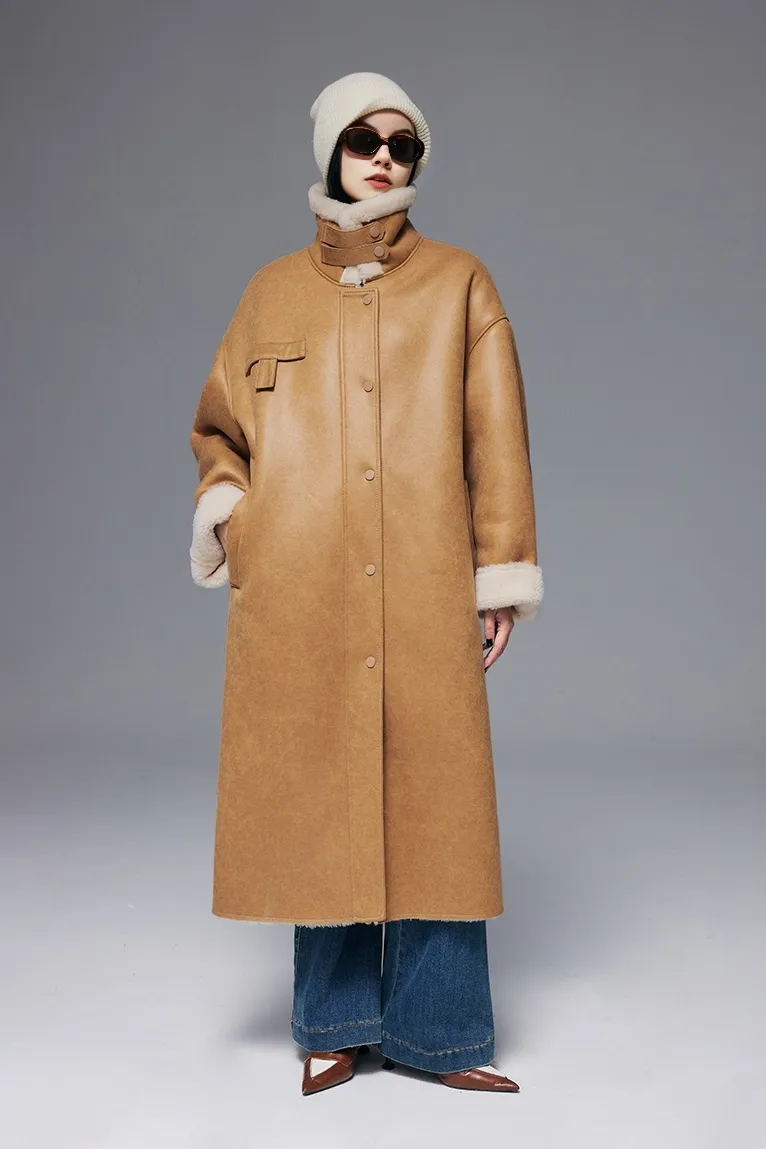 High Collar Reversible Wool Faux-leather Coat