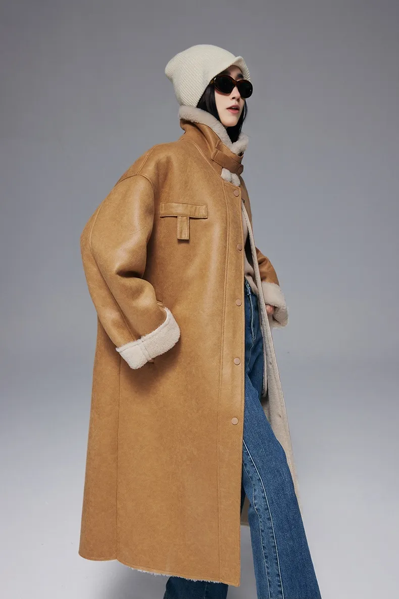 High Collar Reversible Wool Faux-leather Coat