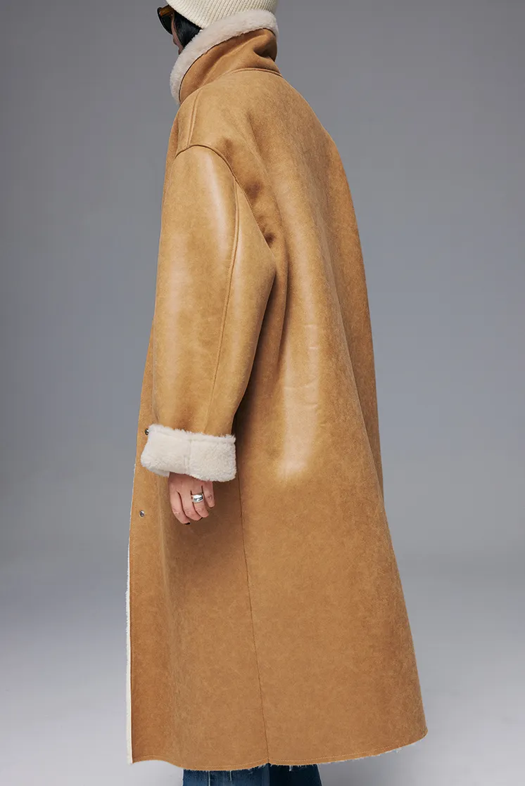 High Collar Reversible Wool Faux-leather Coat