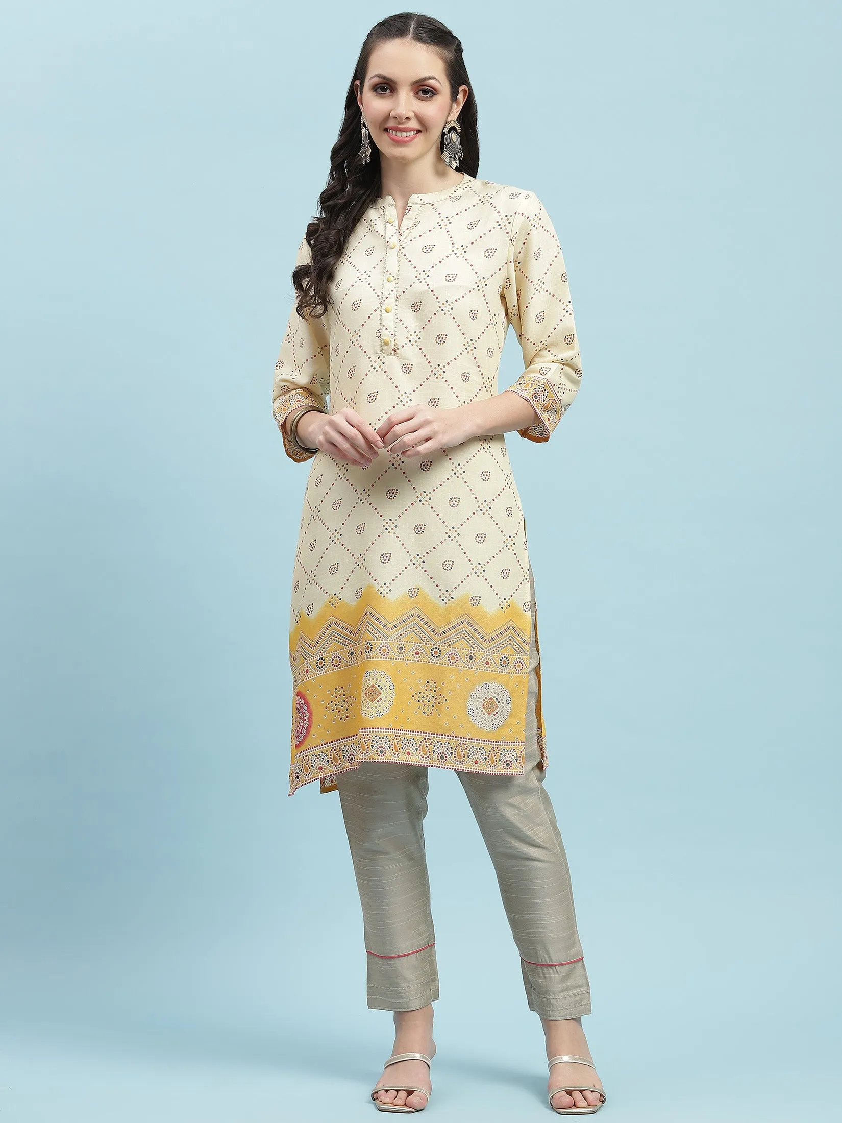 Indiessence Mustard Ornamental Printed Kurta