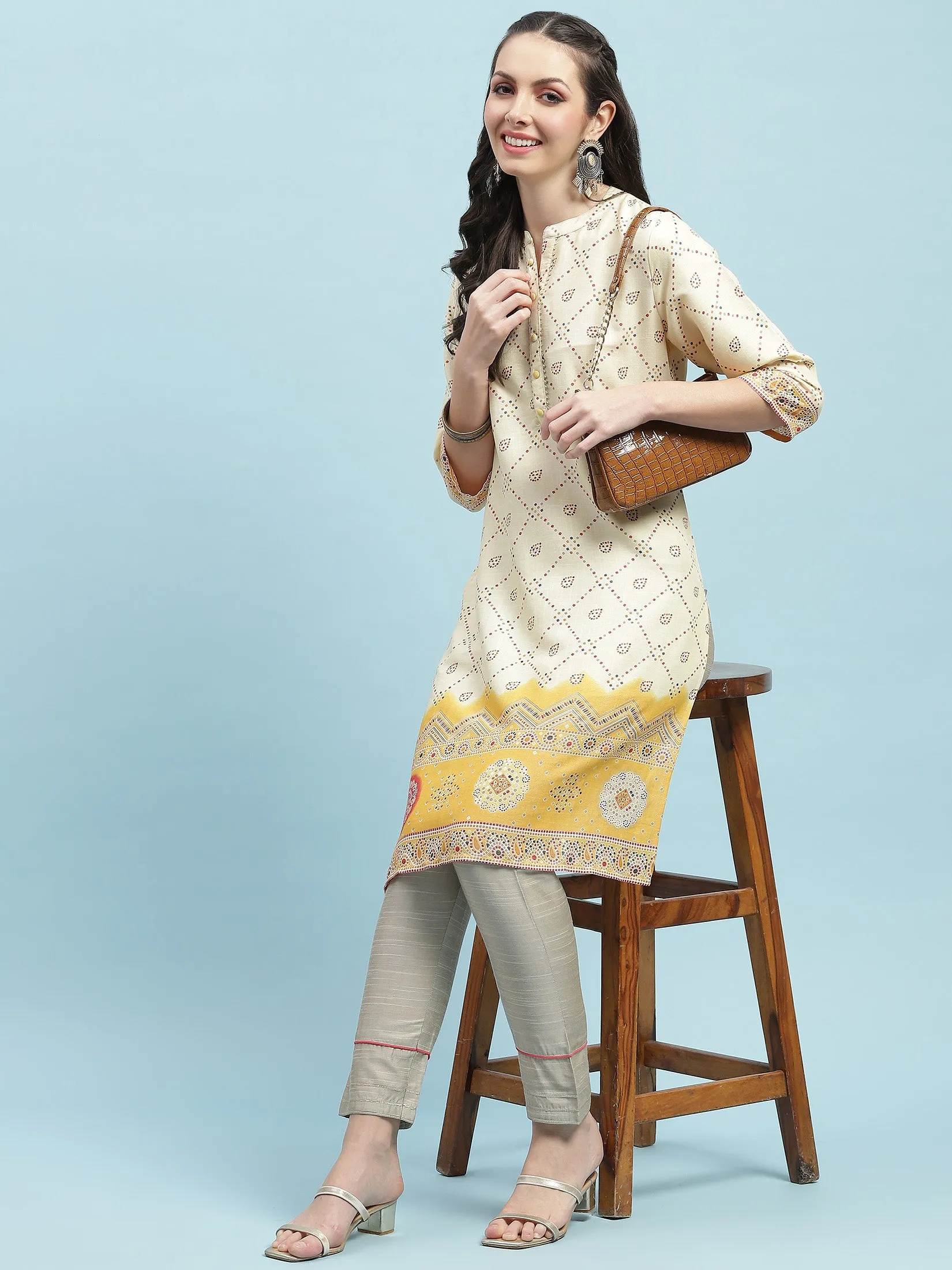 Indiessence Mustard Ornamental Printed Kurta