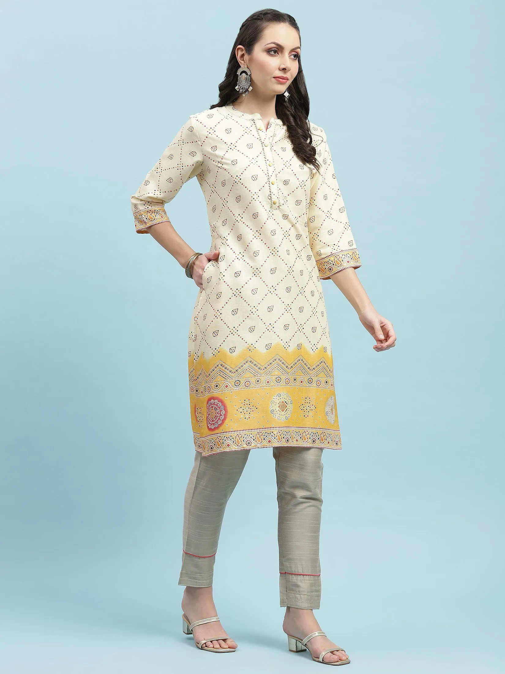 Indiessence Mustard Ornamental Printed Kurta