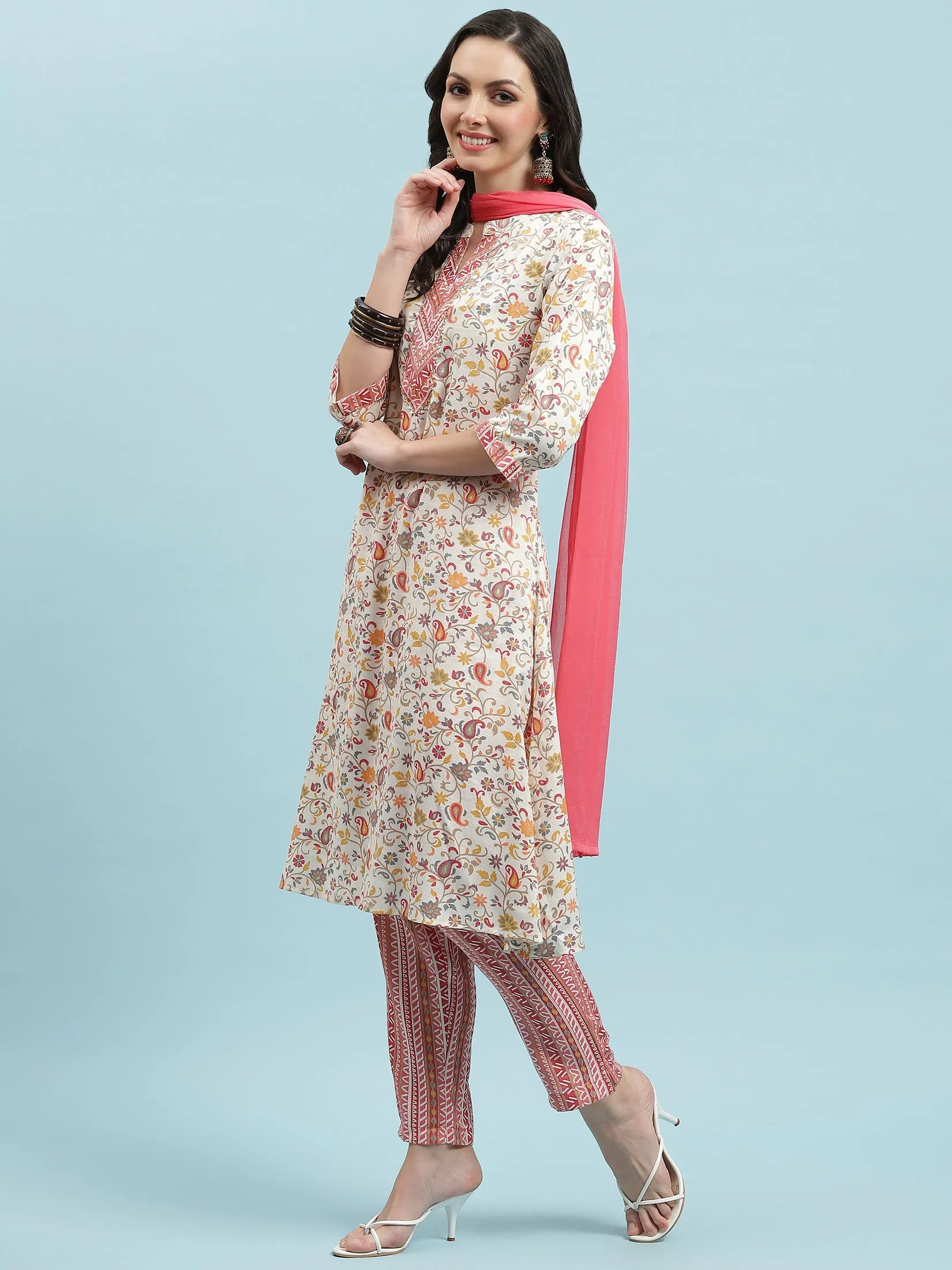 Indiessence Pink Floral Printed Kurta Trouser With Dupatta