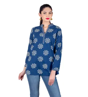 Indigo Blue Split Mandarin Collar Buta Printed Ethnic Short Kurti