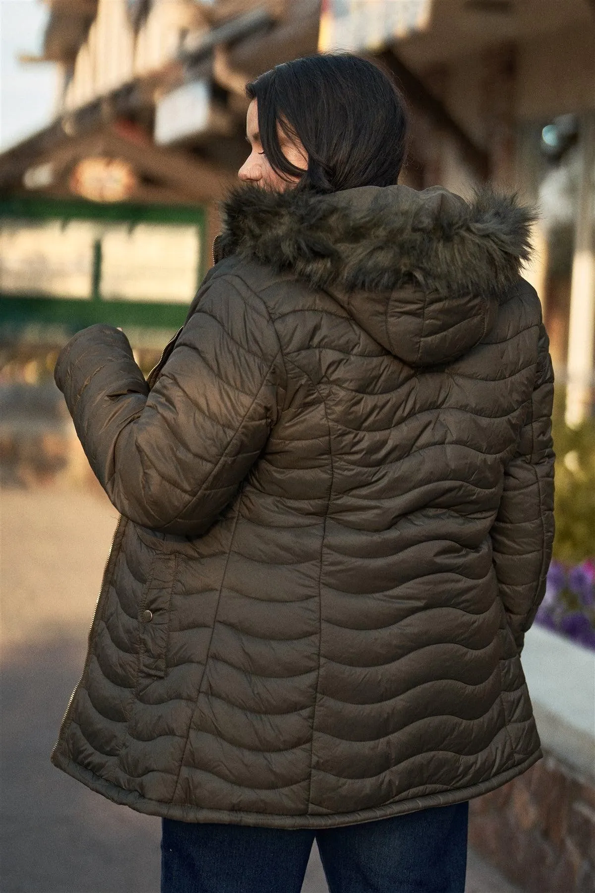 Junior Plus Size Reversible Olive Dyed Vegan Fur Double-Sided Cotton Twill Parka & Puffer Jacket