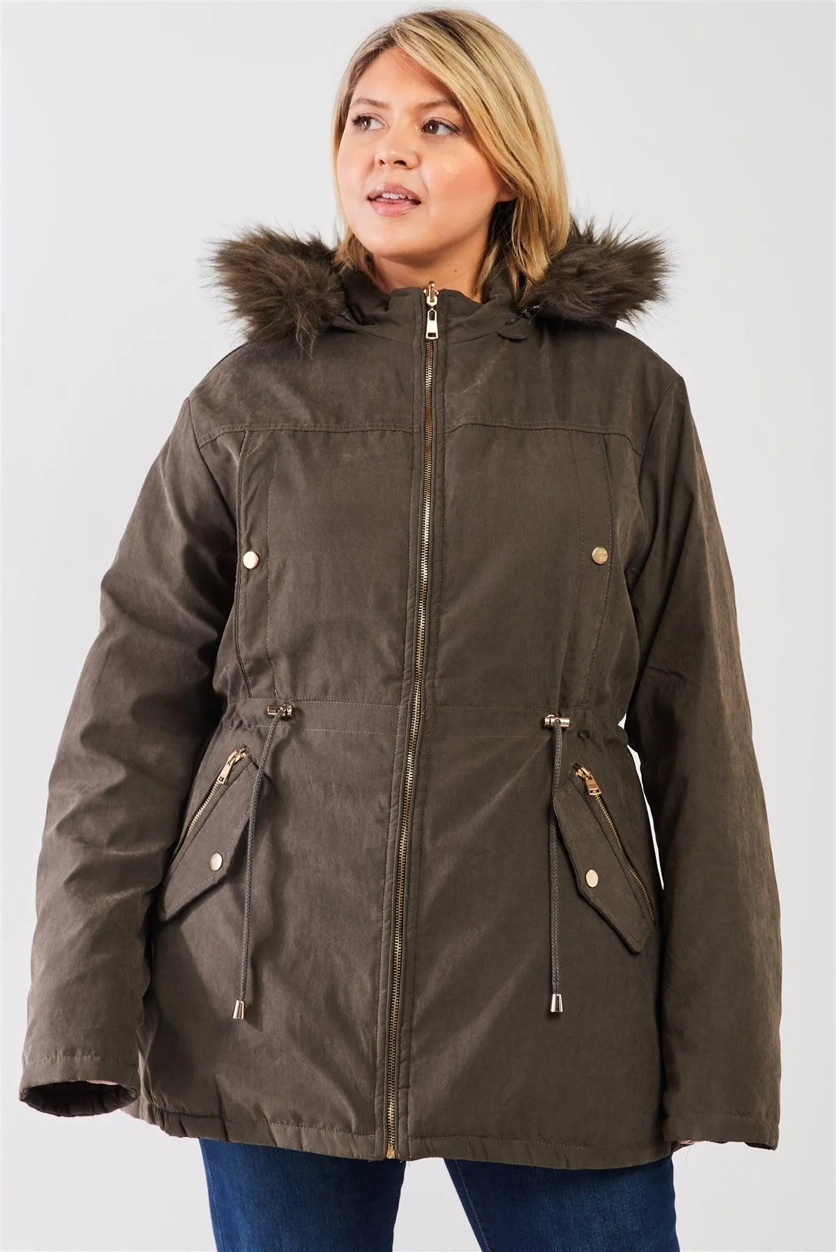 Junior Plus Size Reversible Olive Dyed Vegan Fur Double-Sided Cotton Twill Parka & Puffer Jacket