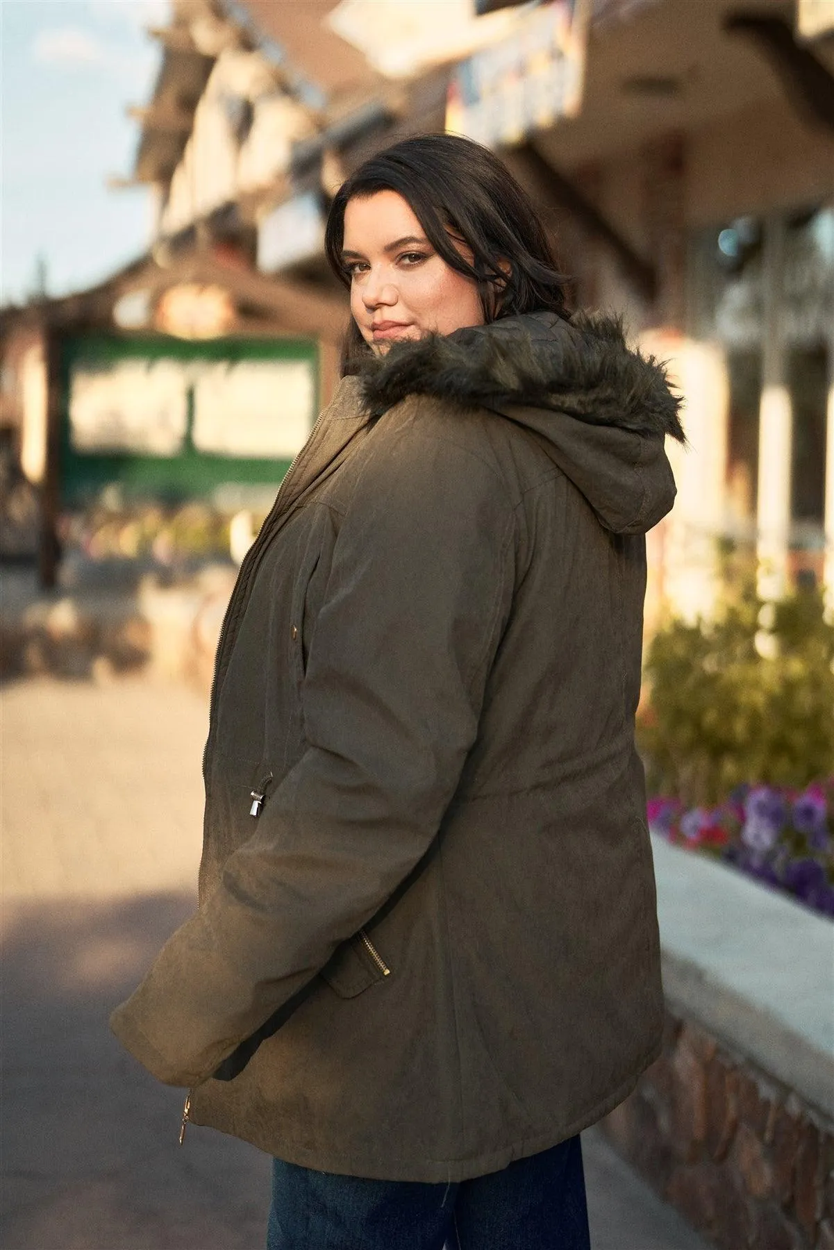 Junior Plus Size Reversible Olive Dyed Vegan Fur Double-Sided Cotton Twill Parka & Puffer Jacket