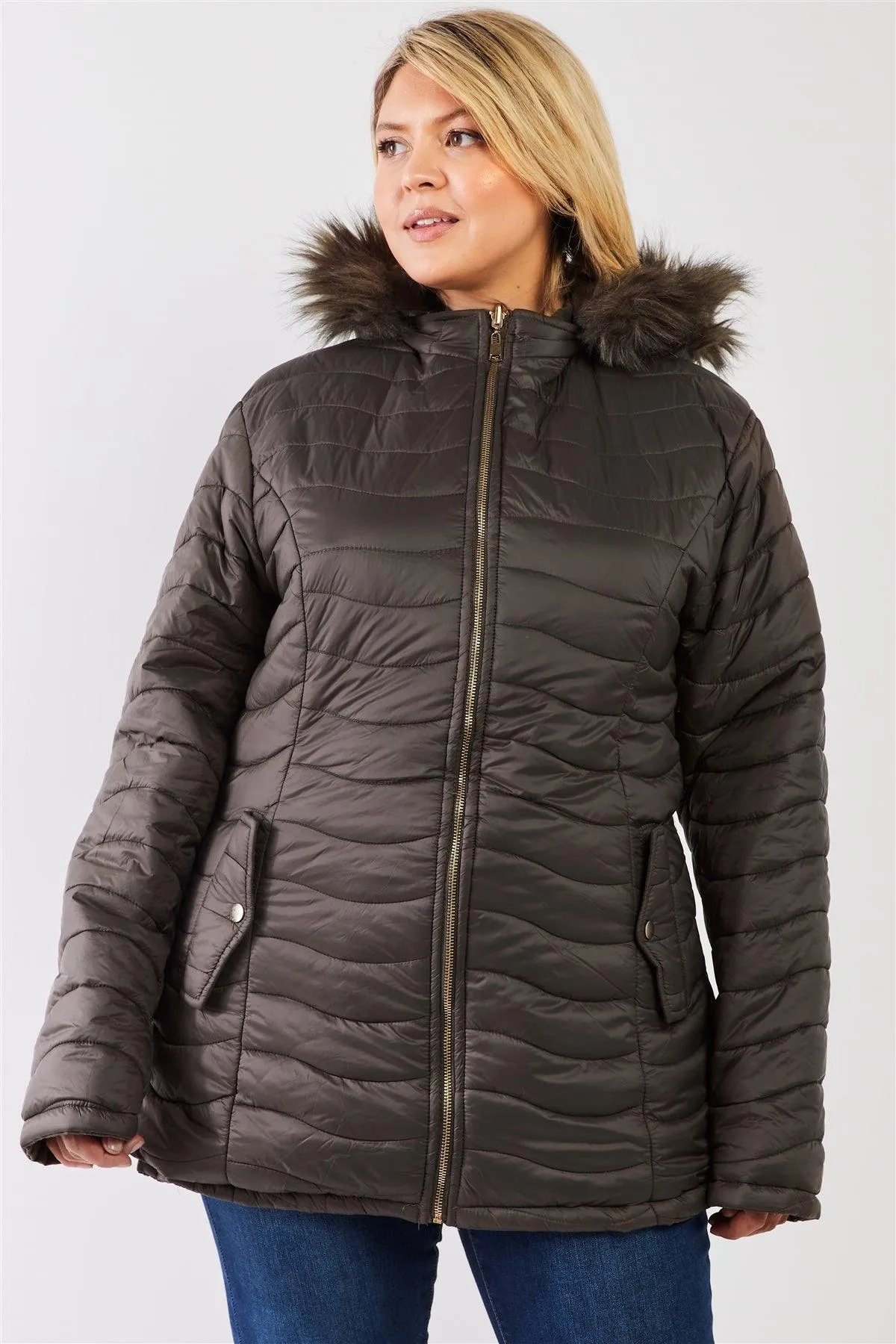 Junior Plus Size Reversible Olive Dyed Vegan Fur Double-Sided Cotton Twill Parka & Puffer Jacket