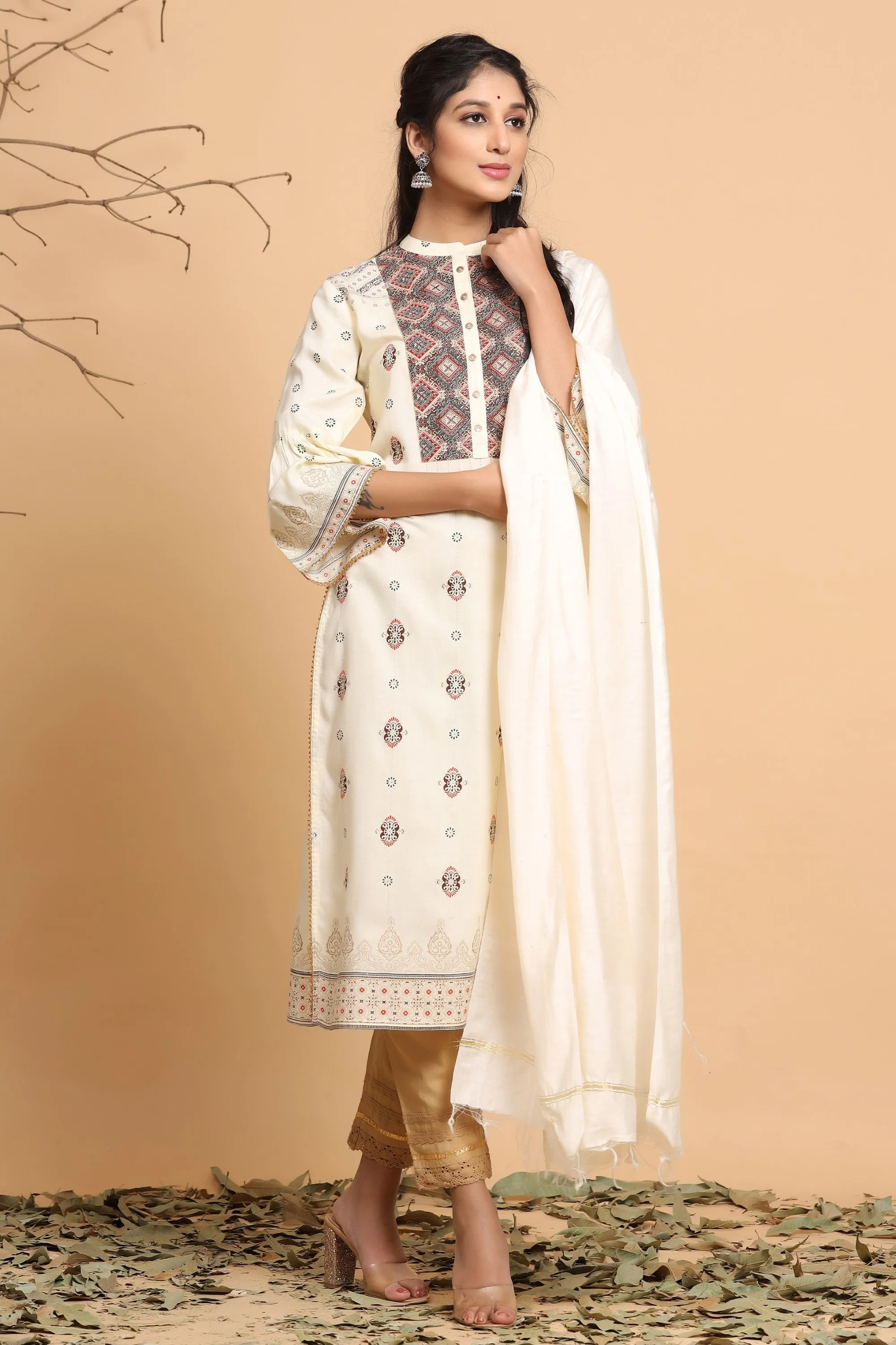 Juniper Ivory Ethnic Motif Printed Rayon Kurta With Dupatta Set