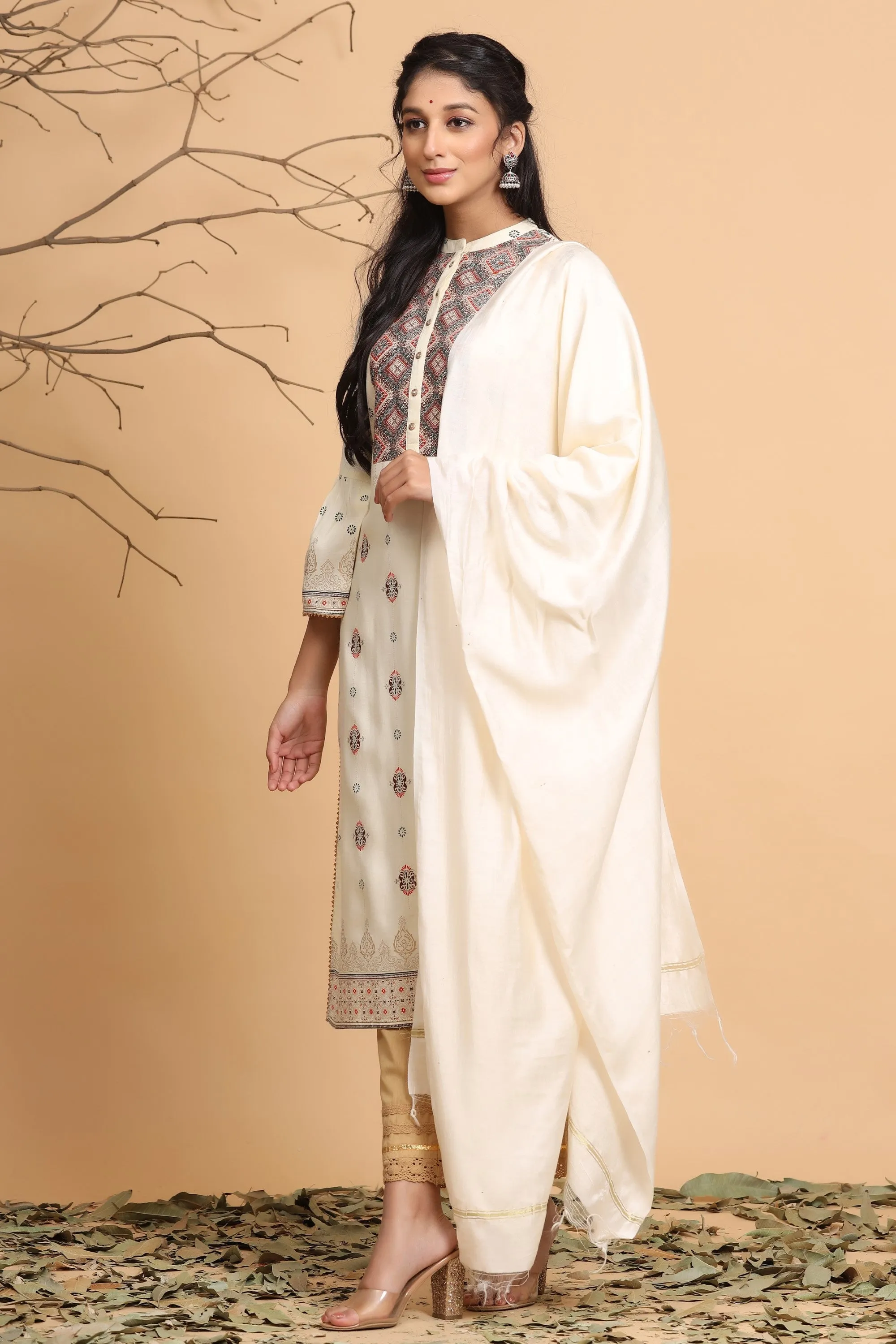 Juniper Ivory Ethnic Motif Printed Rayon Kurta With Dupatta Set