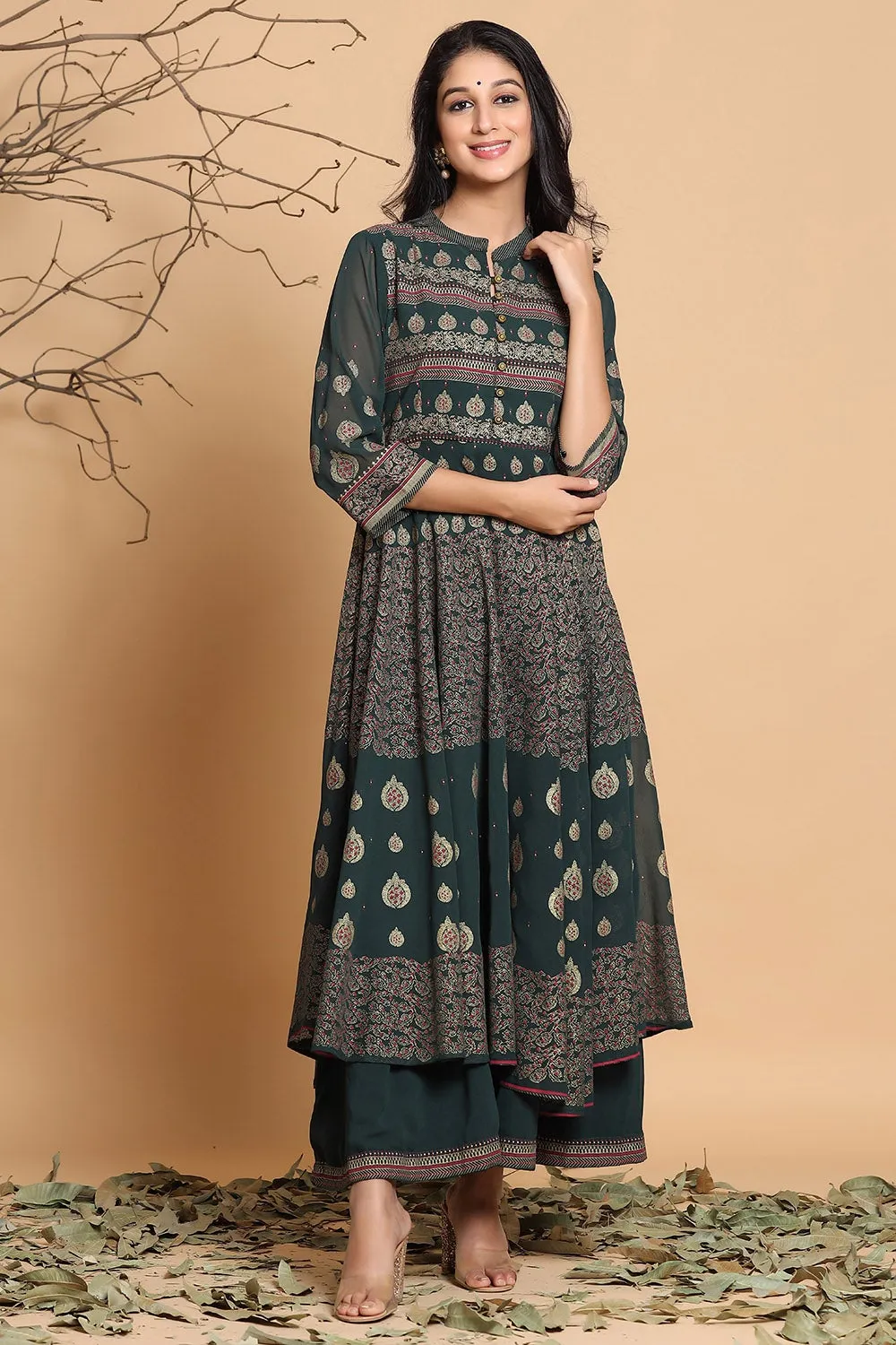 Juniper Jade Green Ethnic Motif Printed Georgette Layered Maxi Dress