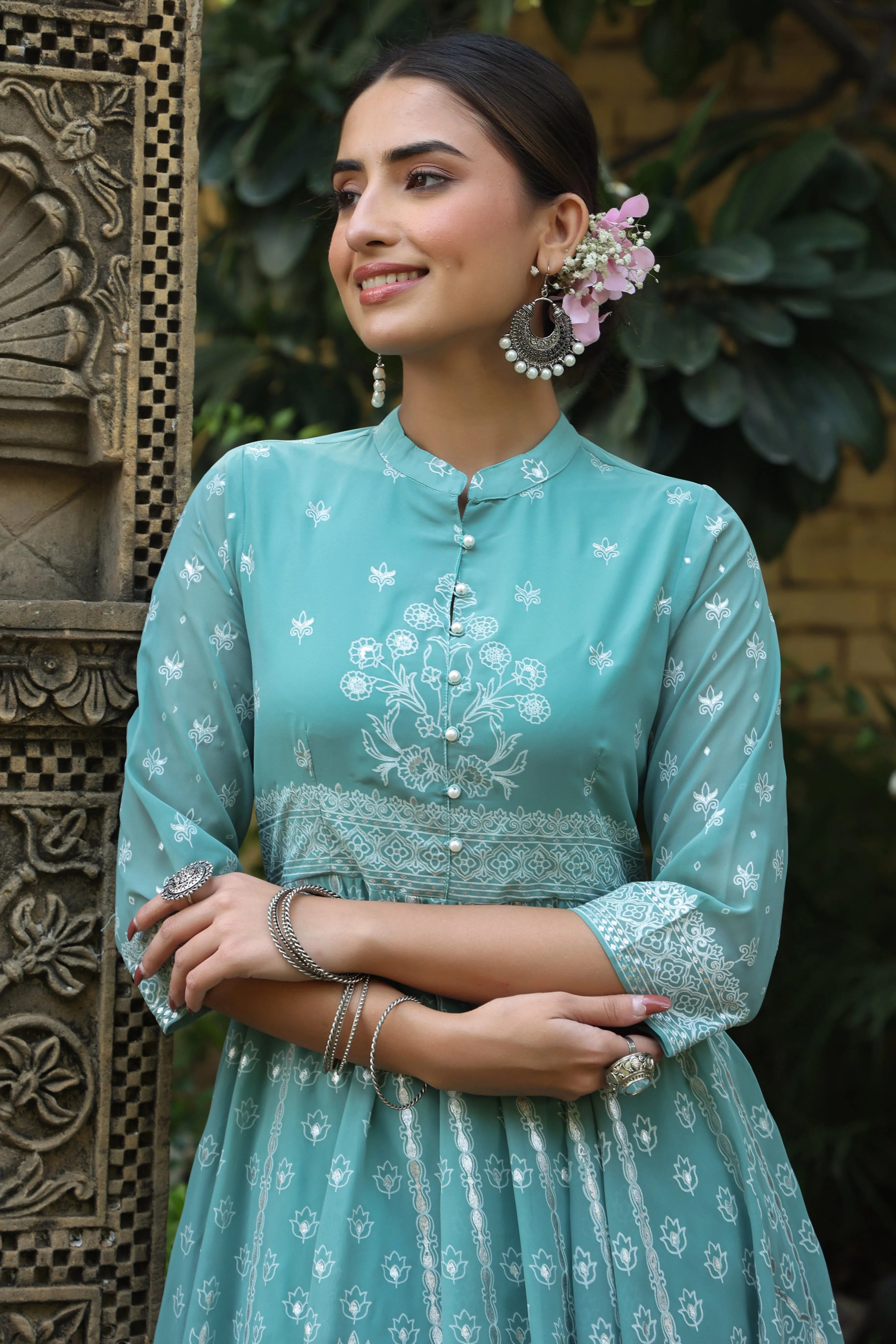 Juniper Mint Georgette Printed Anarkali Kurta With Palazzo