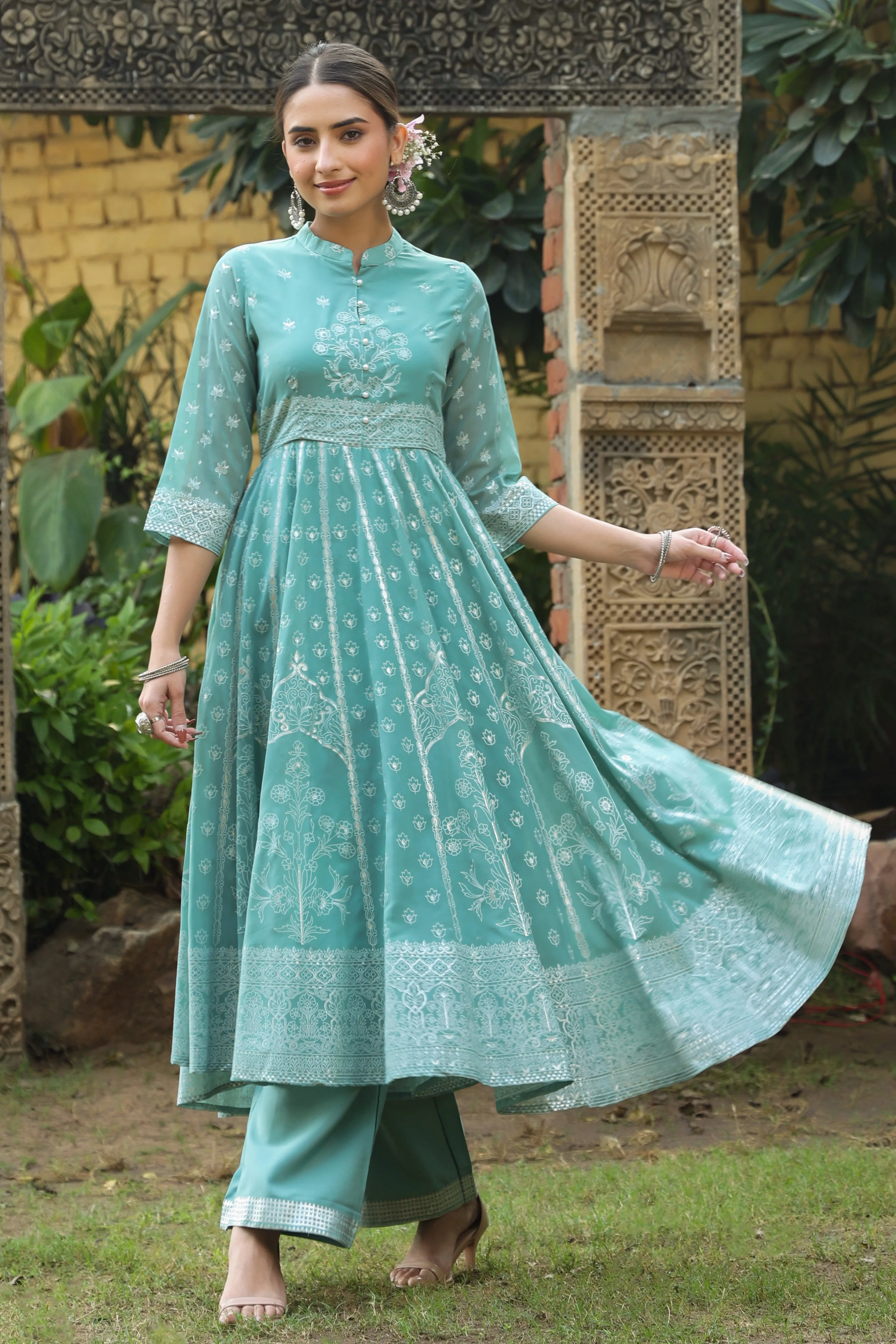 Juniper Mint Georgette Printed Anarkali Kurta With Palazzo