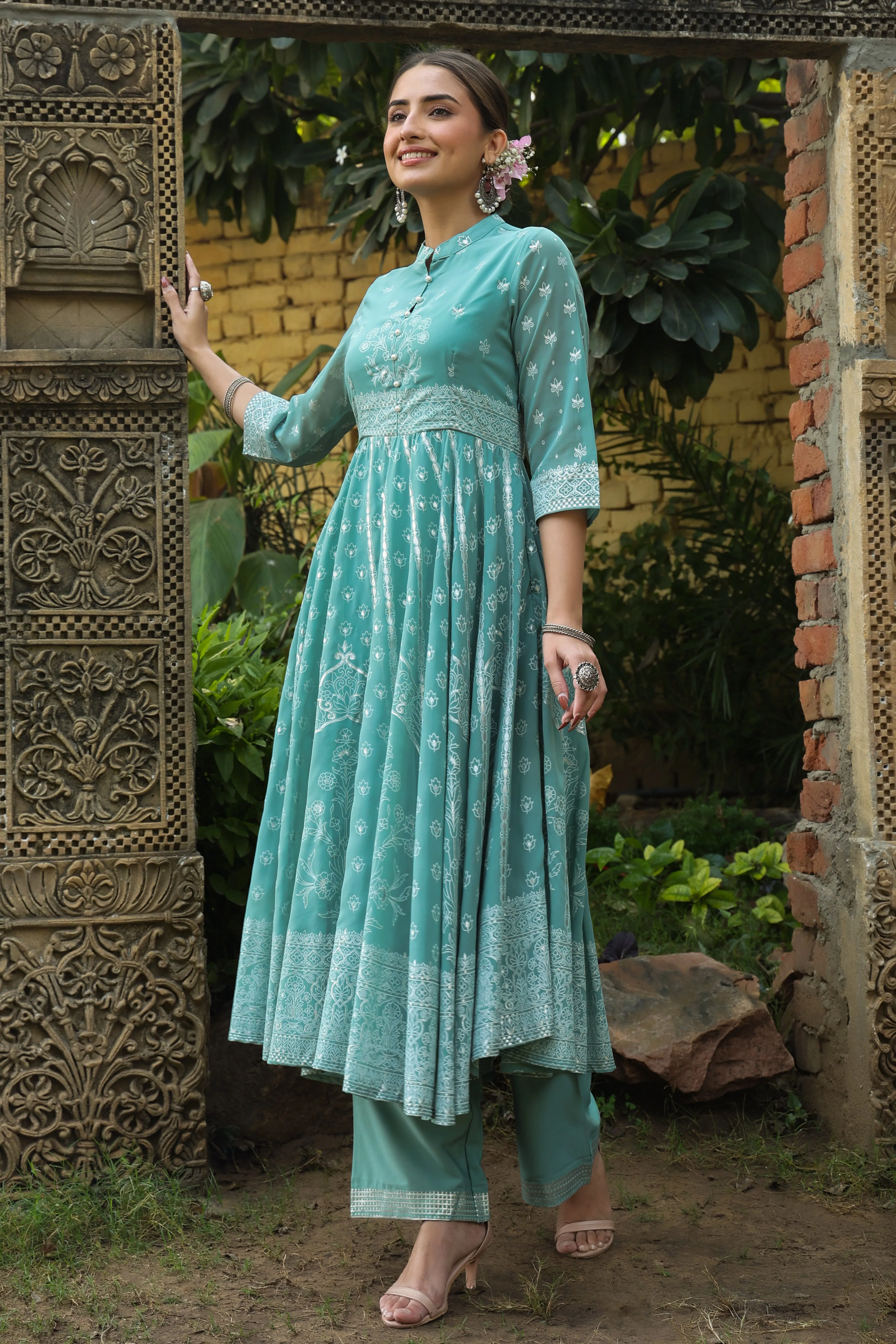 Juniper Mint Georgette Printed Anarkali Kurta With Palazzo