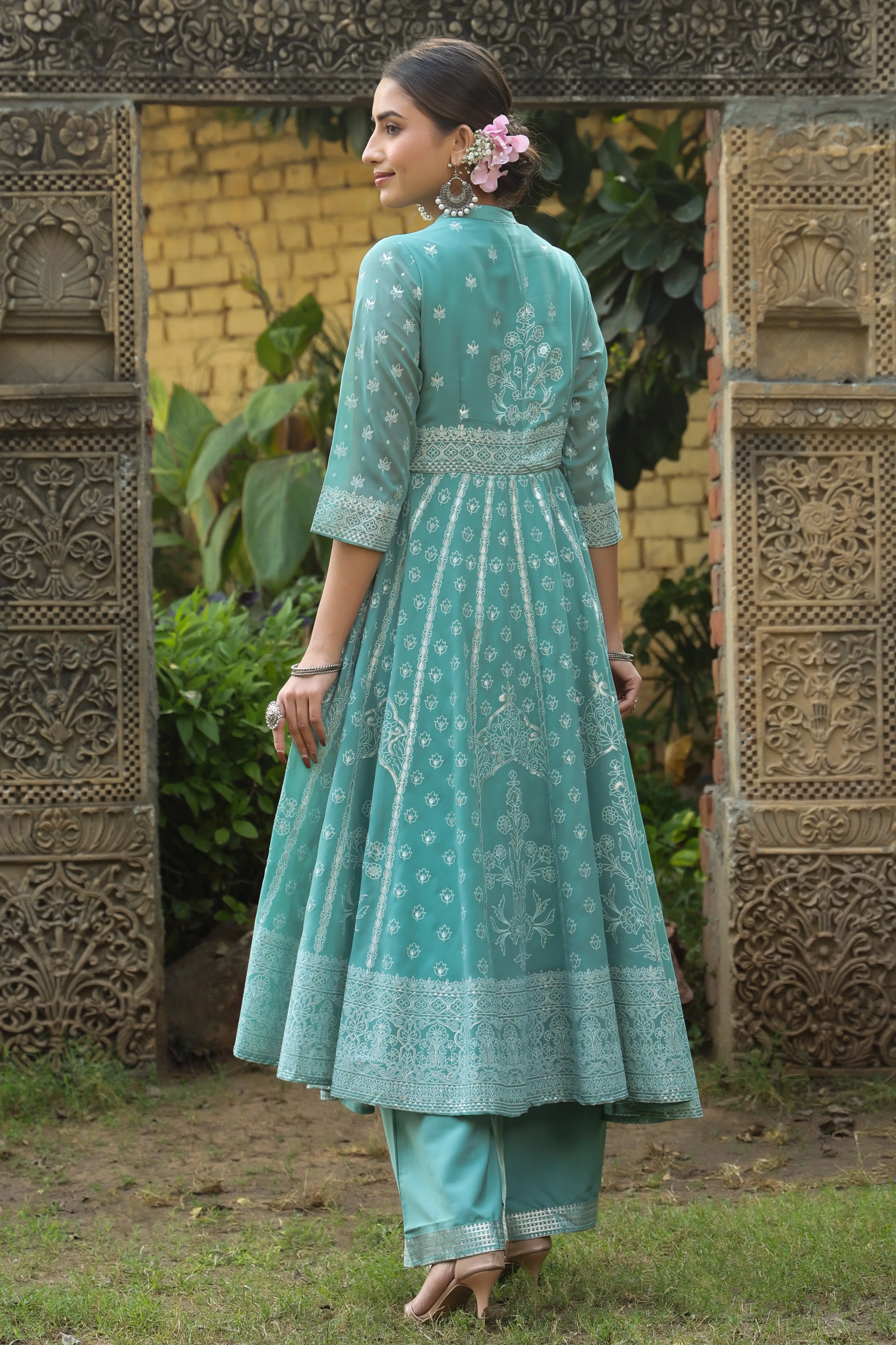 Juniper Mint Georgette Printed Anarkali Kurta With Palazzo