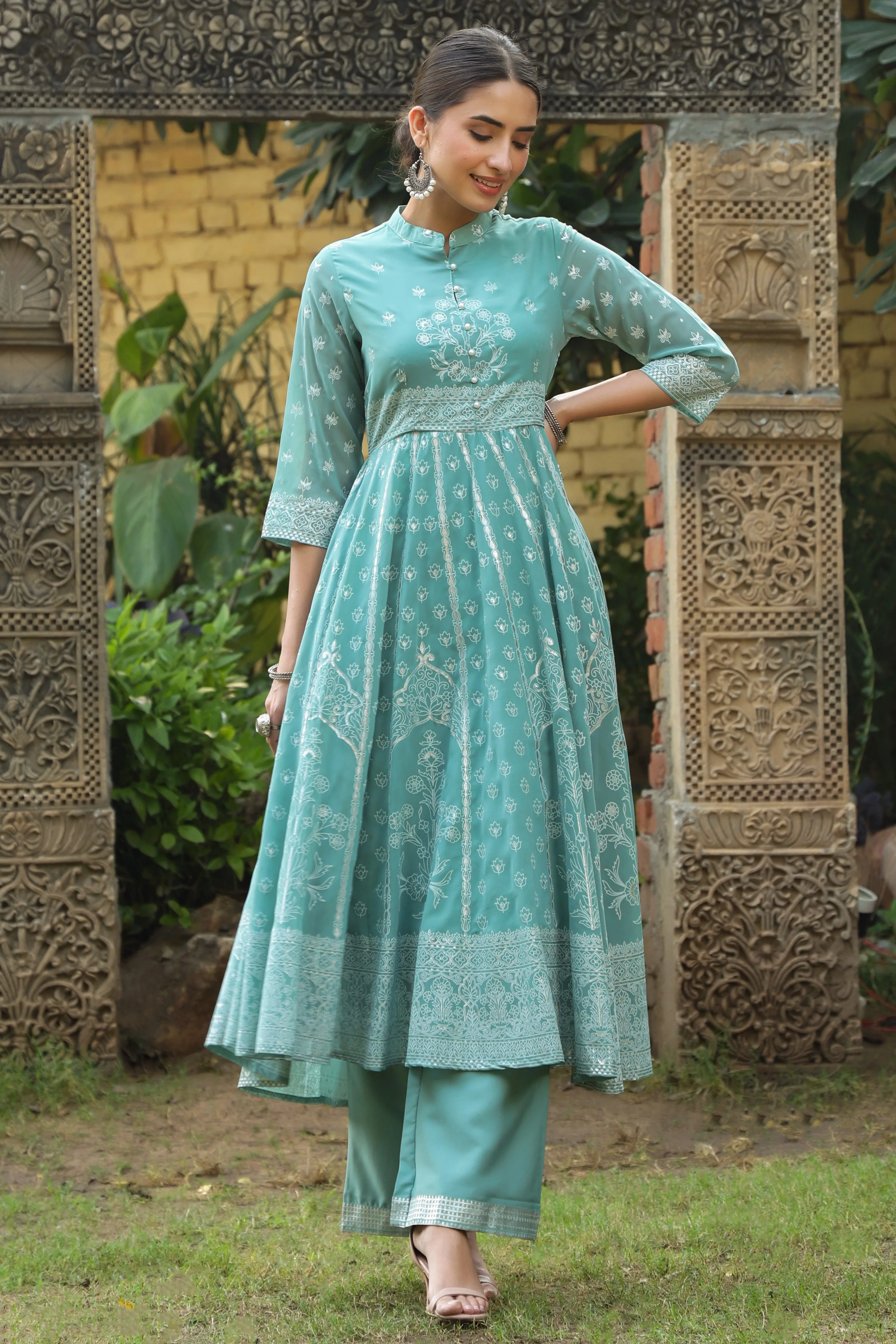 Juniper Mint Georgette Printed Anarkali Kurta With Palazzo