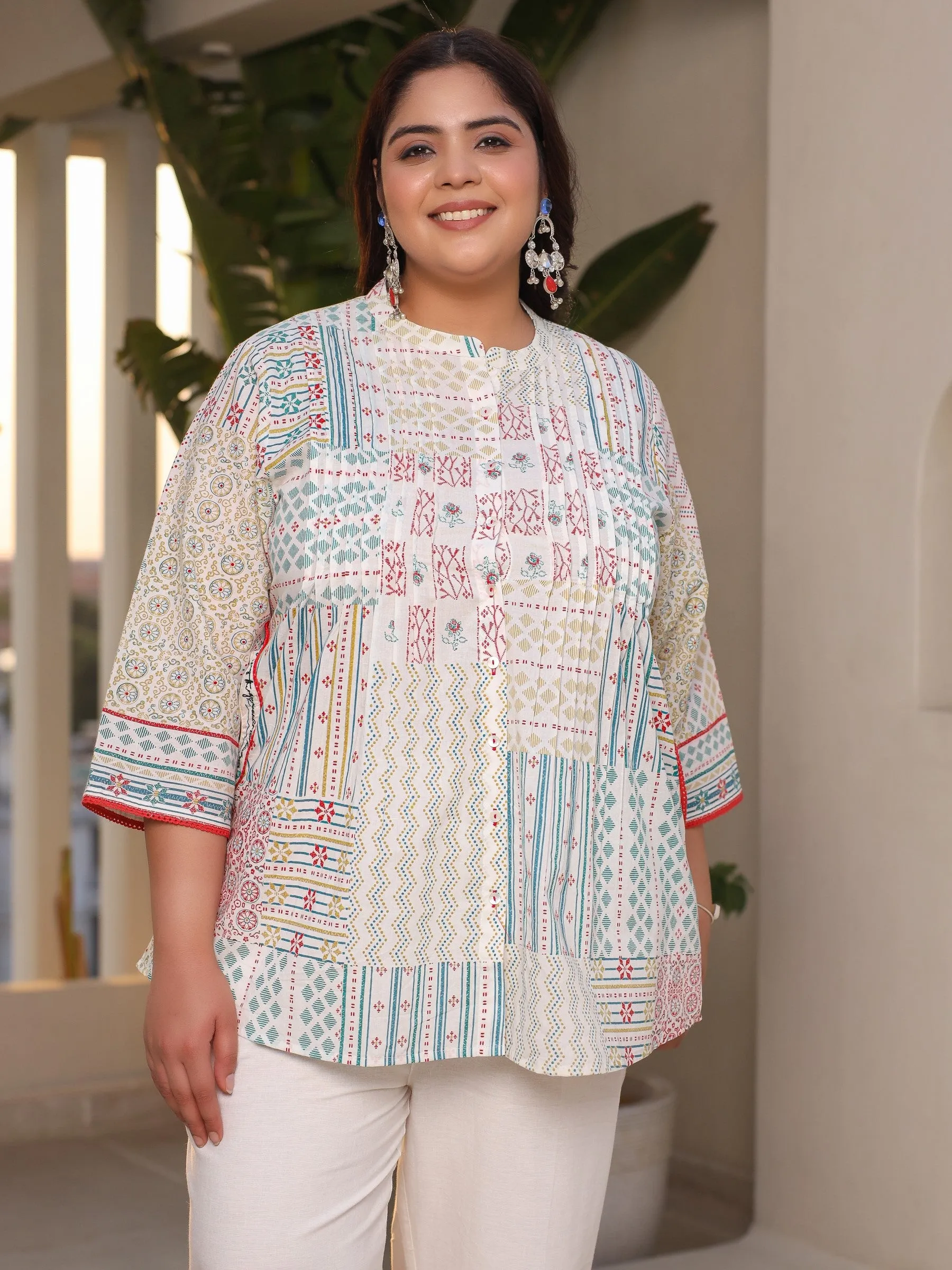 Juniper Off-White Ethnic Motif Printed Pleated Cotton Tunic & Pants Set With Pintucks At Front & Embroidery Details (2-Pcs)