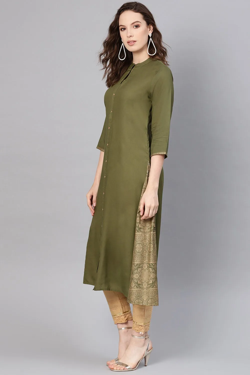 Juniper Olive Ethnic Motif Printed Rayon A-Line Women Kurta