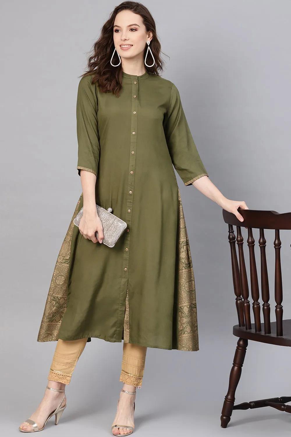 Juniper Olive Ethnic Motif Printed Rayon A-Line Women Kurta