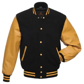 Letterman Jacket Black Body and Gold Leather Sleeves Varsity Jacket