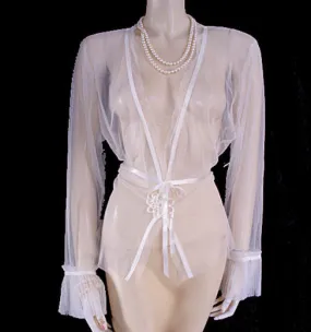 LOVELY FEMININE DELICATES SHEER IVORY OFF WHITE MESH PLEATED BED JACKET WITH SATIN APPLIQUE - SIZE EXTRA LARGE - NEW WITH TAG