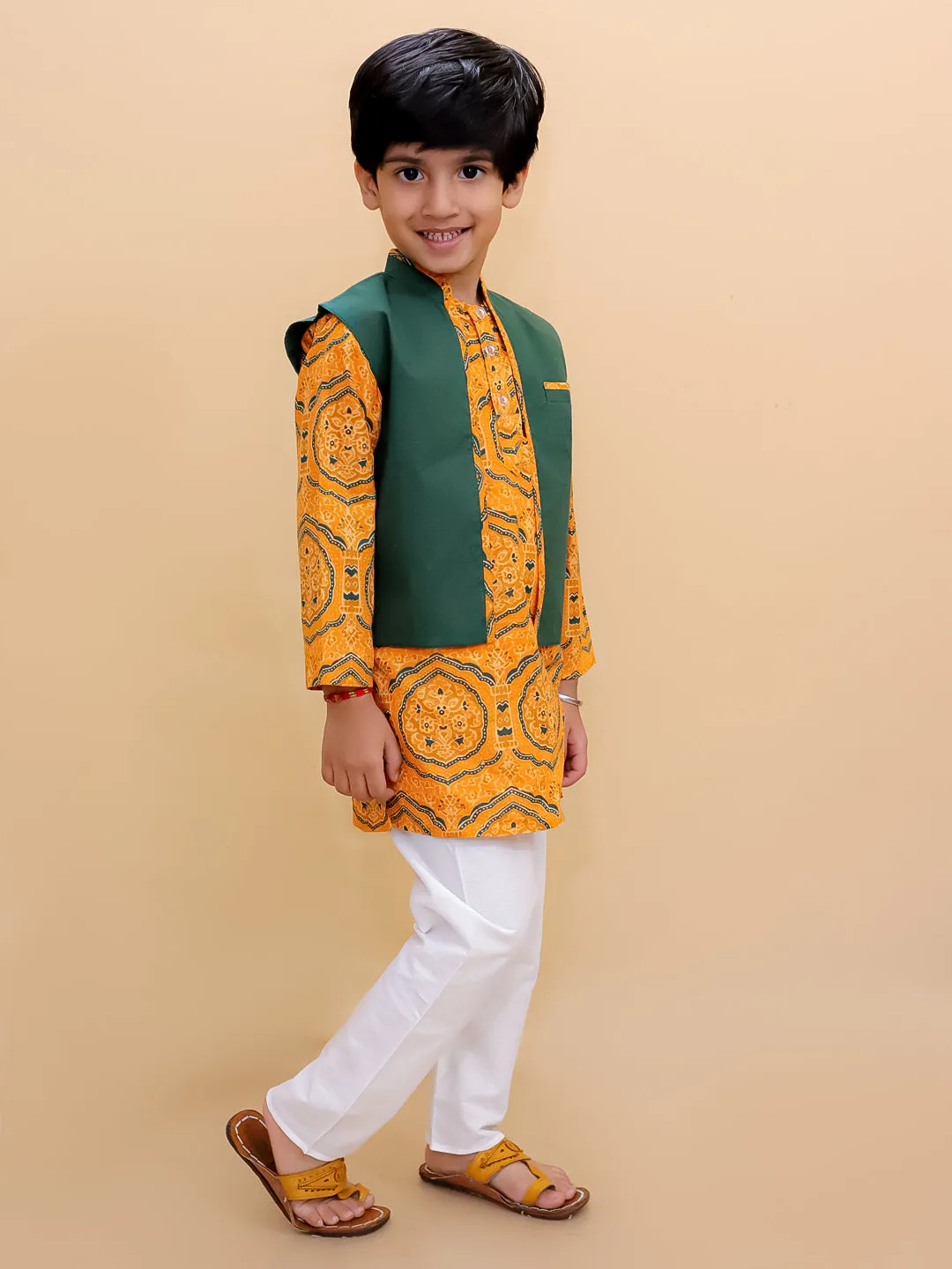 Marigold Mosaic Boys Floral Print Jacket And Kurta Pajama Set