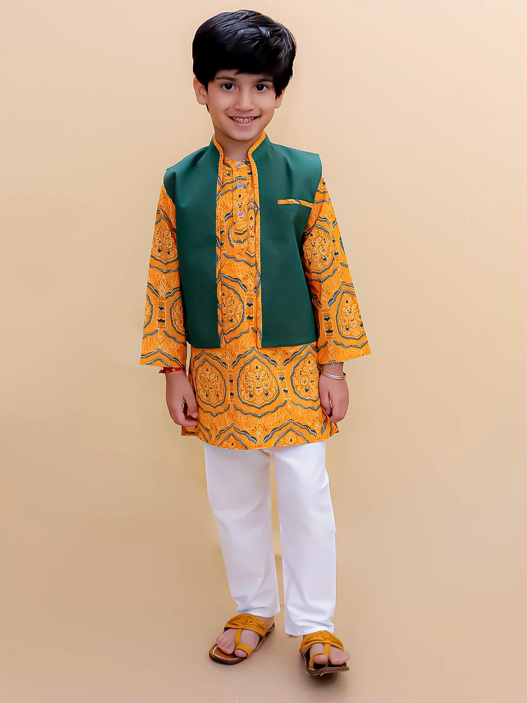 Marigold Mosaic Boys Floral Print Jacket And Kurta Pajama Set