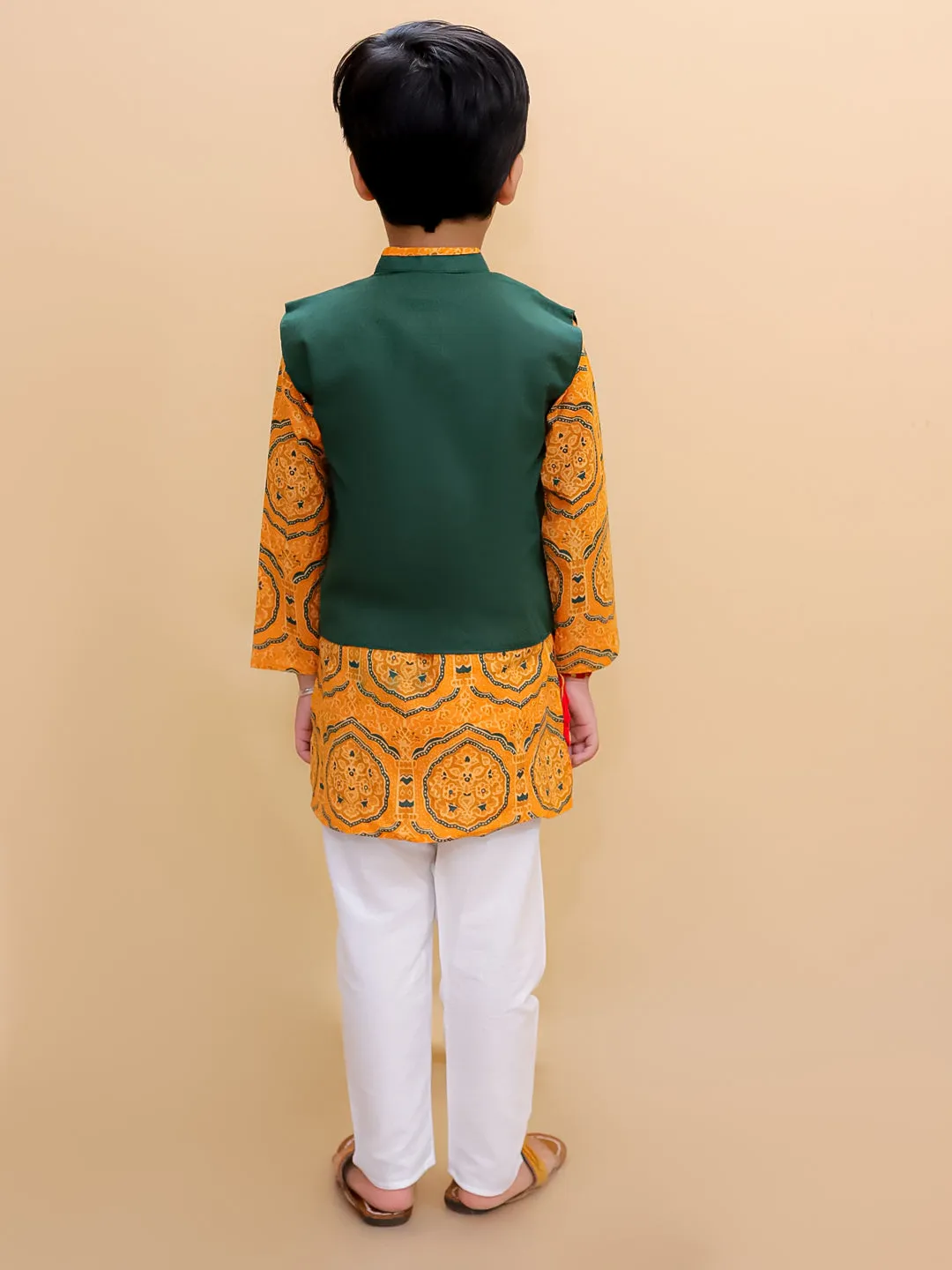 Marigold Mosaic Boys Floral Print Jacket And Kurta Pajama Set