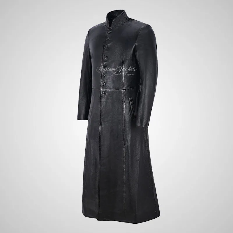 MATRIX REVOLUTION Black Full Length Leather Coat for Mens