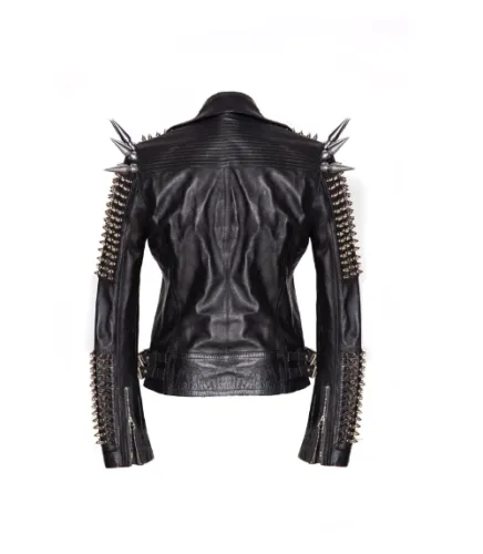 Men Silver Studded Long Spiked Jacket Leather Black Rock Punk Style Jacket