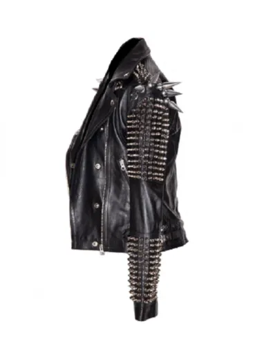 Men Silver Studded Long Spiked Jacket Leather Black Rock Punk Style Jacket