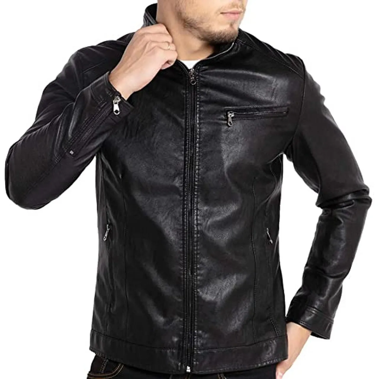 Men Stand Collar Leather Motorcycle Jacket Outwear Black