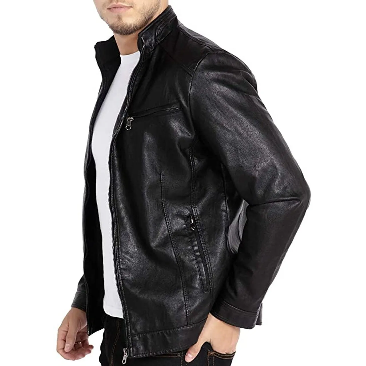 Men Stand Collar Leather Motorcycle Jacket Outwear Black