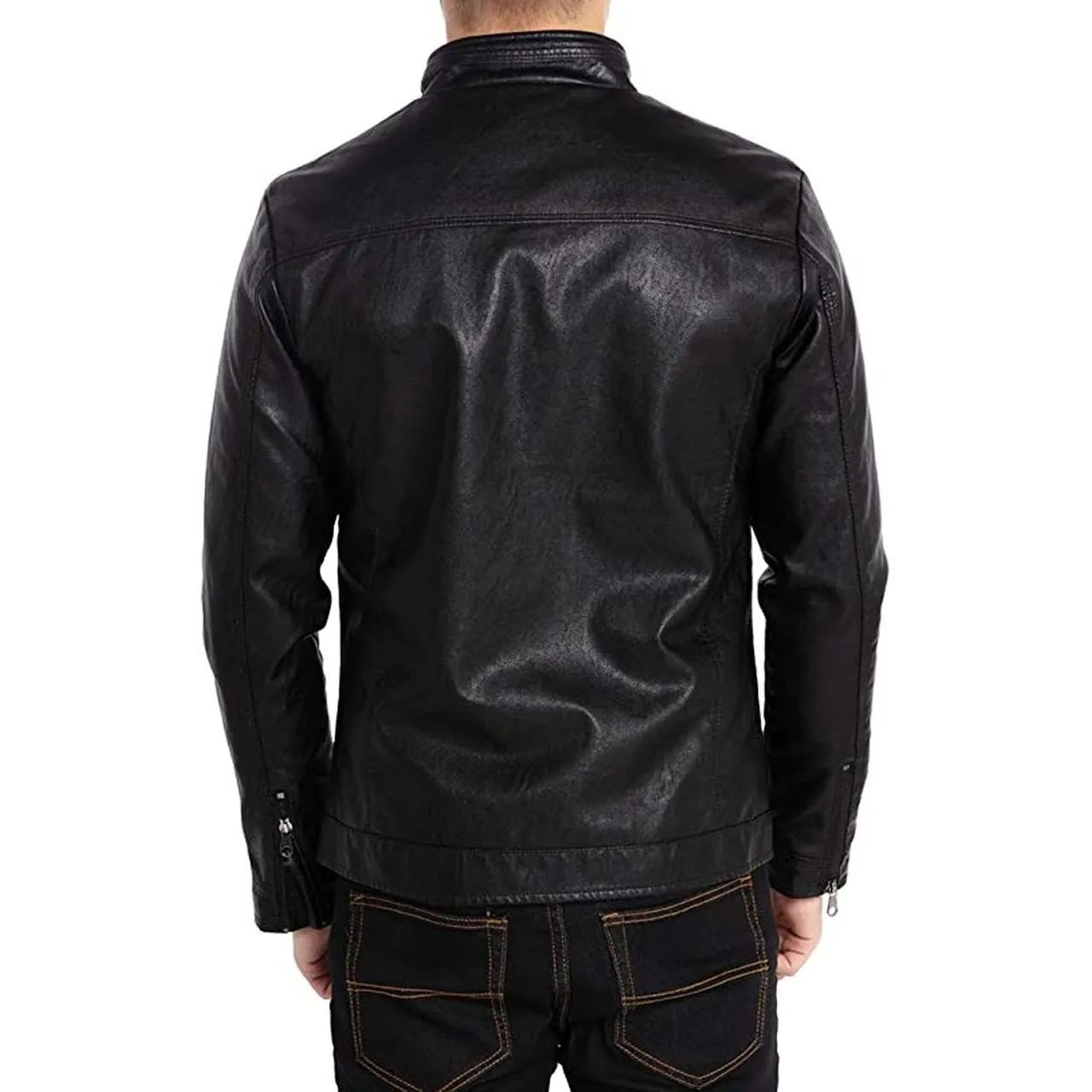 Men Stand Collar Leather Motorcycle Jacket Outwear Black