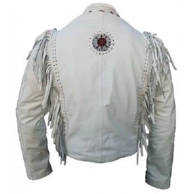 Men's Cowboy Leather Jacket Western Coat Fringes Beads White Jacket