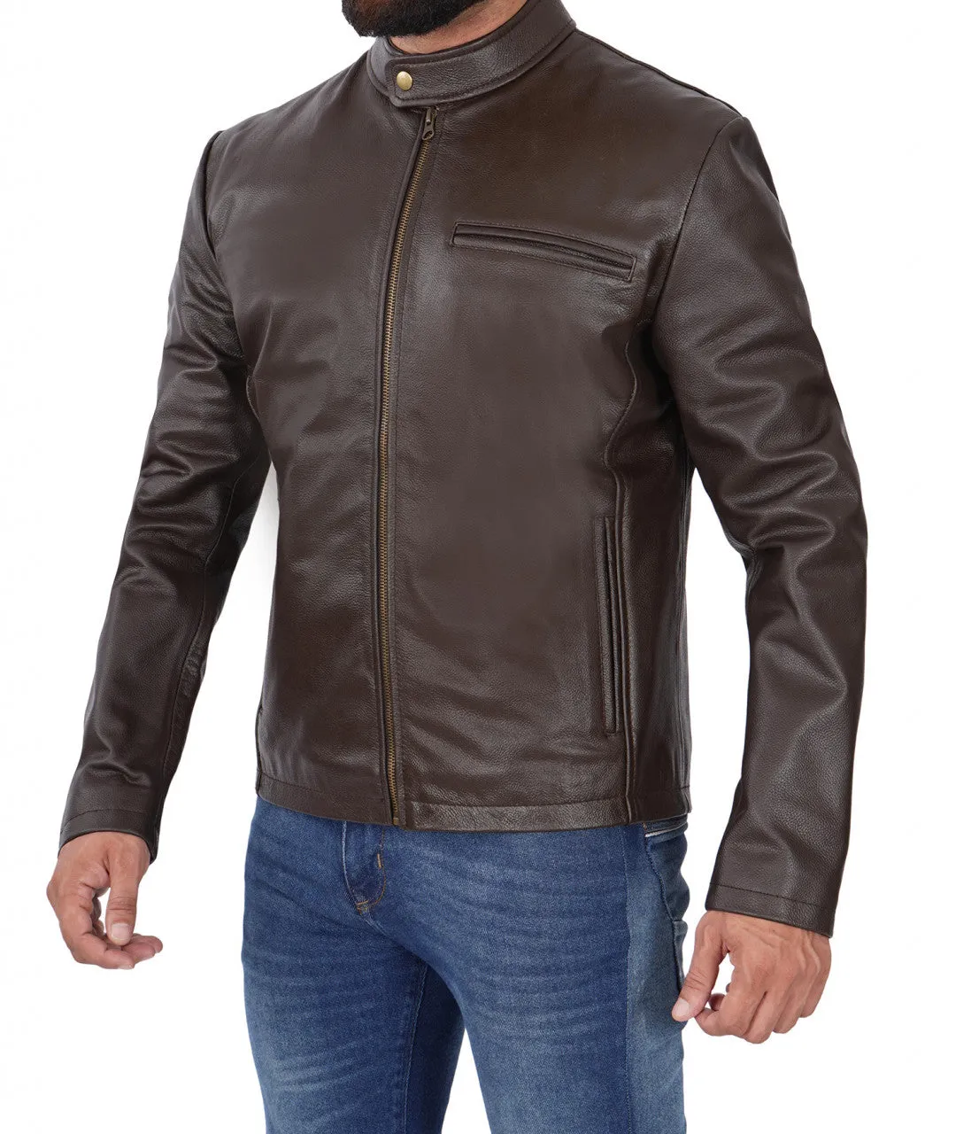 Mens Dark Brown Cowhide Leather Cafe Racer Jacket