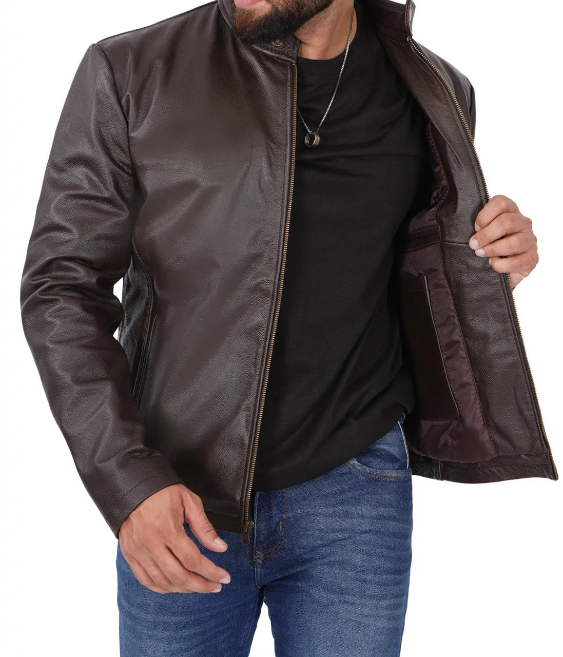 Mens Dark Brown Cowhide Leather Cafe Racer Jacket