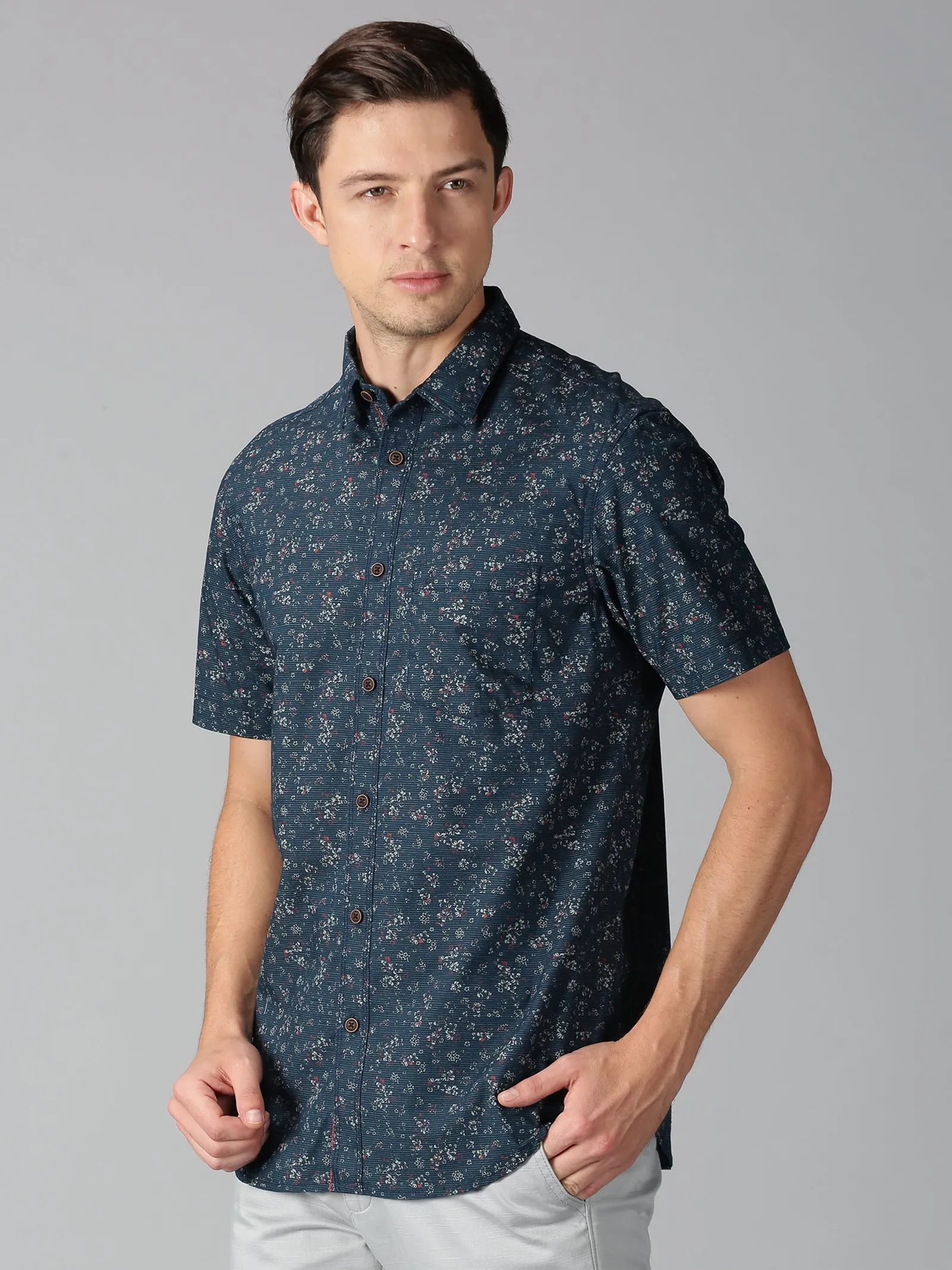 MEN'S DARK GREEN PRINT SLIM FIT SHIRT