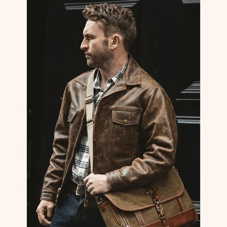 Men's Distressed Dark Brown Trucker Leather Jacket