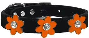 Metallic Flower Leather Collar Black With Metallic Orange Flowers Size 16