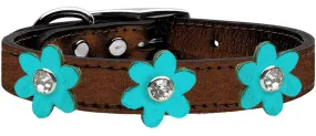 Metallic Flower Leather Collar Bronze With Metallic Turquoise Flowers Size 18